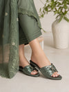 ZAYRA Women’s Sage Green Satin Pleated Slippers – Rhinestone Cross Embellished Flat Slip-On Slides