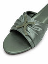 ZAYRA Women’s Sage Green Satin Pleated Slippers – Rhinestone Cross Embellished Flat Slip-On Slides