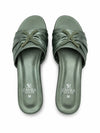 ZAYRA Women’s Sage Green Satin Pleated Slippers – Rhinestone Cross Embellished Flat Slip-On Slides