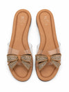 ZAYRA Women’s Tan Crystal Bow Clear Strap Slippers – Rhinestone Embellished Transparent Flat Slides