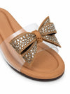 ZAYRA Women’s Tan Crystal Bow Clear Strap Slippers – Rhinestone Embellished Transparent Flat Slides