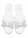 ZAYRA Women’s White Crystal Bow Clear Strap Slippers – Rhinestone Embellished Transparent Flat Slides