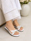 ZAYRA Women’s White Crystal Bow Clear Strap Slippers – Rhinestone Embellished Transparent Flat Slides